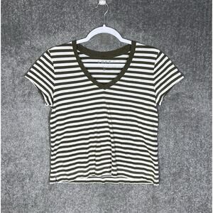 LOFT Vintage Soft Top Womens Size Small Green Striped Cotton V-Neck Short Sleeve